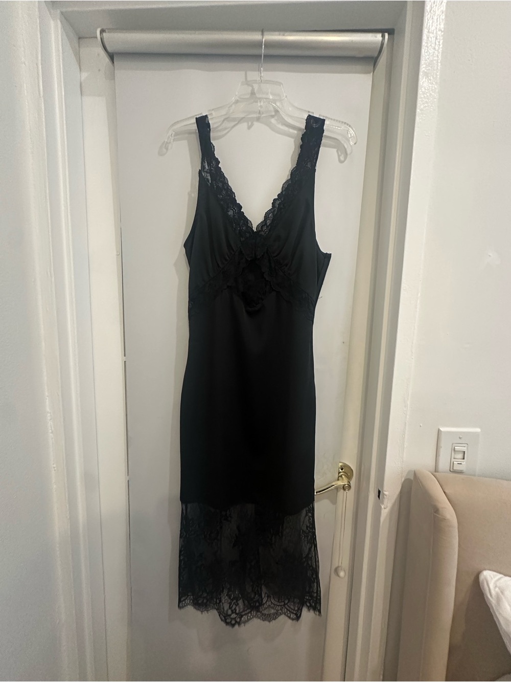 Aqua Black Lace-Trim V-Neck Slip Dress
